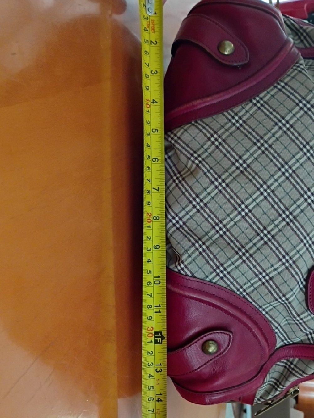 Burberry Blue Label  Beige Plaid Satchel with Red Leather Trim - Picture 4 of 12